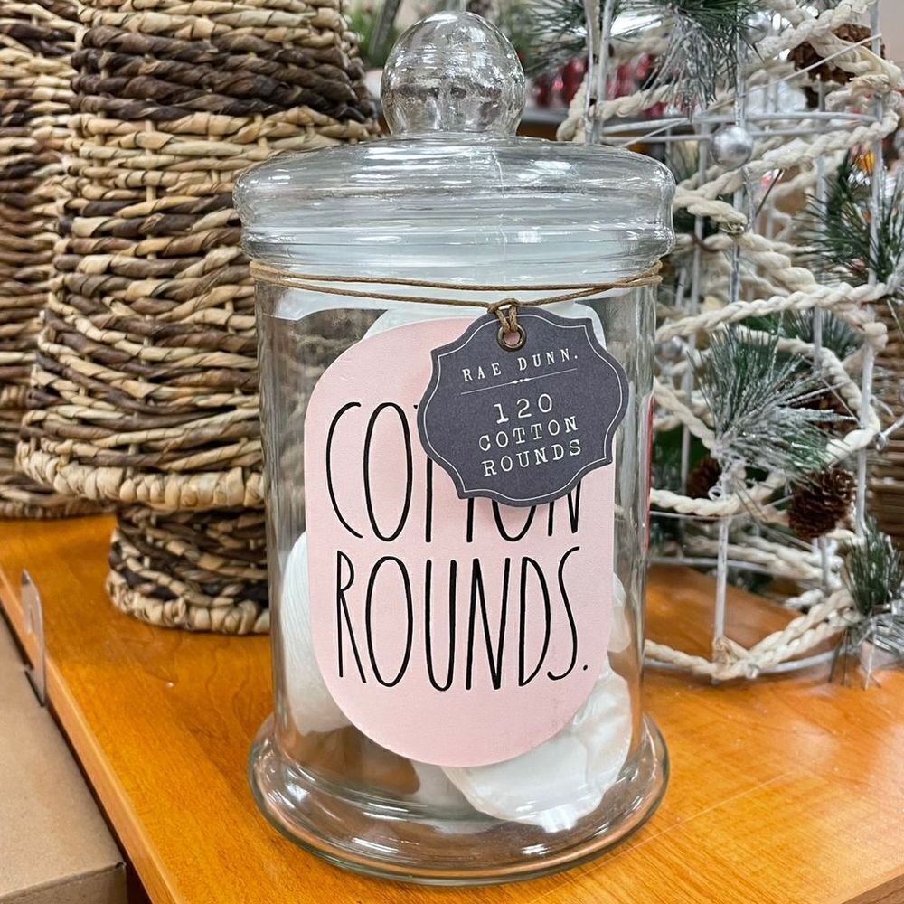 NWT Rae Dunn Gorgeous Large Clear Pink Glass Jar w/suction Lid 120 Cotton Rounds
